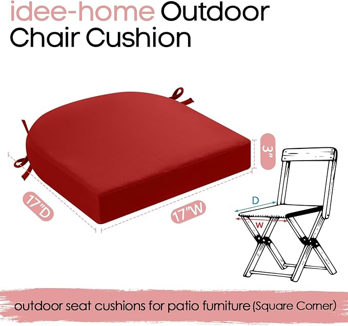 idee-home Outdoor Chair Cushions Set of 2, Thick 17" x 17" x 3" Outdoor Seat Cushion Patio Furniture Waterproof with Ties, Patio Chair Pads Dining Red