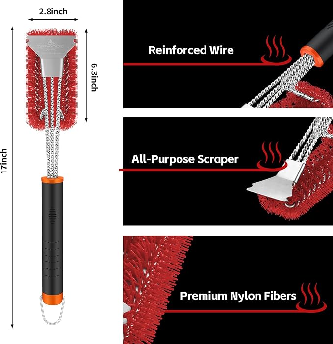 Grill Brush and Scraper, Safe Nylon Bristles Barbecue Triple Scrubbers Cleaning - Image 4