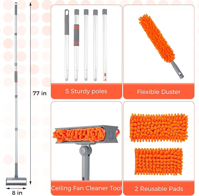 Ceiling Fan Cleaner Kit with 77" Extension Pole, Reusable Chenille Brush - Image 2