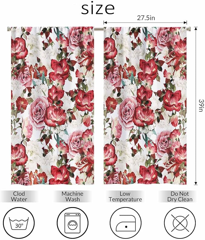 Vintage Floral Kitchen Curtains Red Pink White Peony Roses Bouquet Short Tier - Image 2