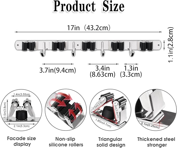 2 Pack Mop and Broom Holder Wall Mount, 5 Racks and 4 Hooks Broom Organizer - Image 3