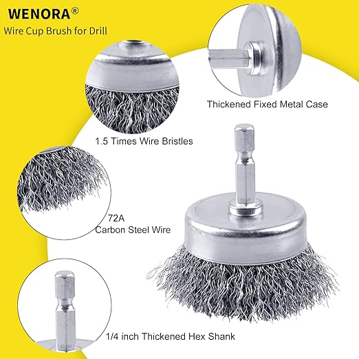 2 Pack WENORA Wire Brush Set for Drill, 1/4 Inch Hex Shank, 0.010 Inch Coarse - Image 5