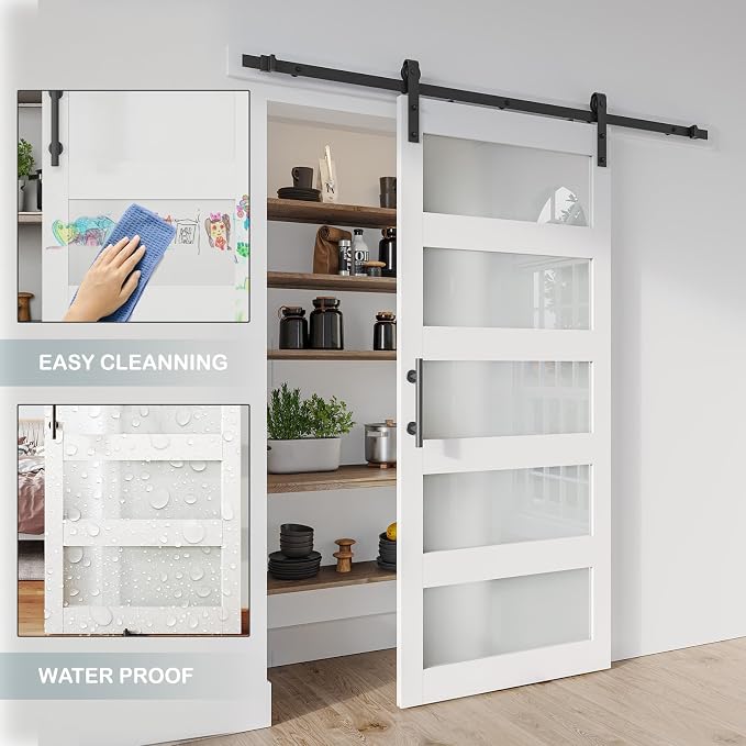 36'' x 84'' Glass Barn Door and 6.6 Ft Hardware Kit Included, MDF White Barn - Image 5