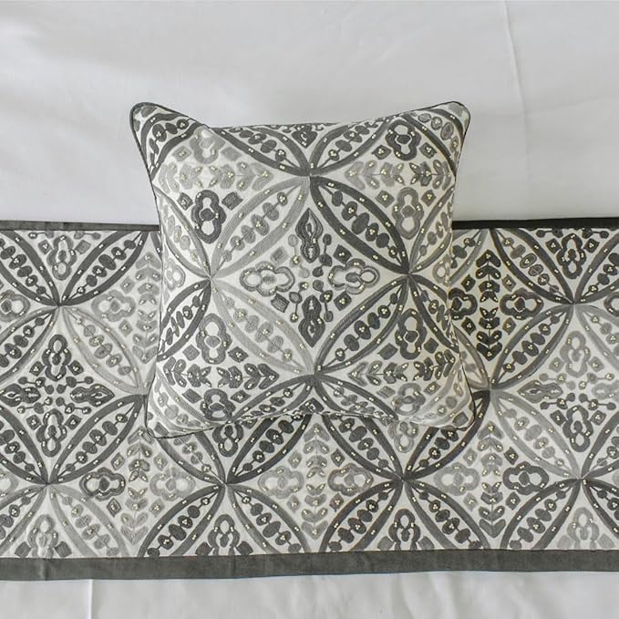 The HomeCentric King/Queen/Twin Gray Designer King 90"x18" Bed Runner Without Pillow Cover, Moroccan, Pearl, Geometric & Embroidered Bed Scarf on Embroidered Fabric - Meryem