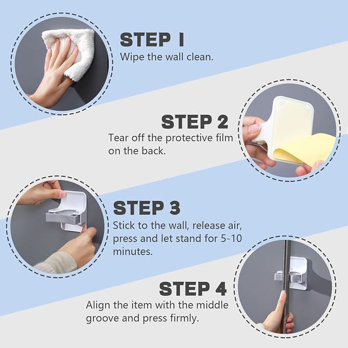 4 Pack Mop and Broom Holder Wall Mount, Self Adhesive Broom Hanger, Mop Gripper - Image 6