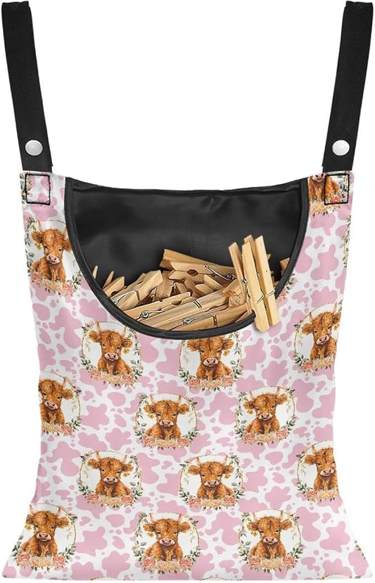 Cattle Clothespin Bags with Hanging Rope Pink Cow Print 14.5 x 12 Inch Summer by CREAMIC