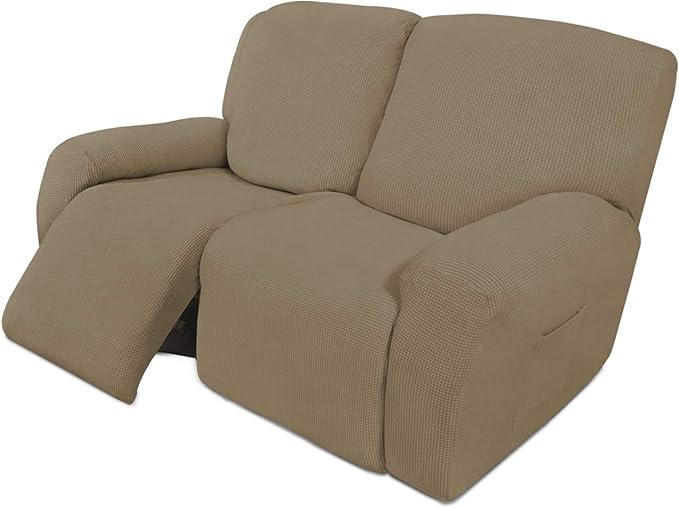 Easy-Going 6 Pieces Recliner Loveseat Stretch Sofa Slipcover Sofa Cover Furniture Protector Couch Soft with Elastic Bottom Kids, Spandex Jacquard Fabric Small Checks Tan