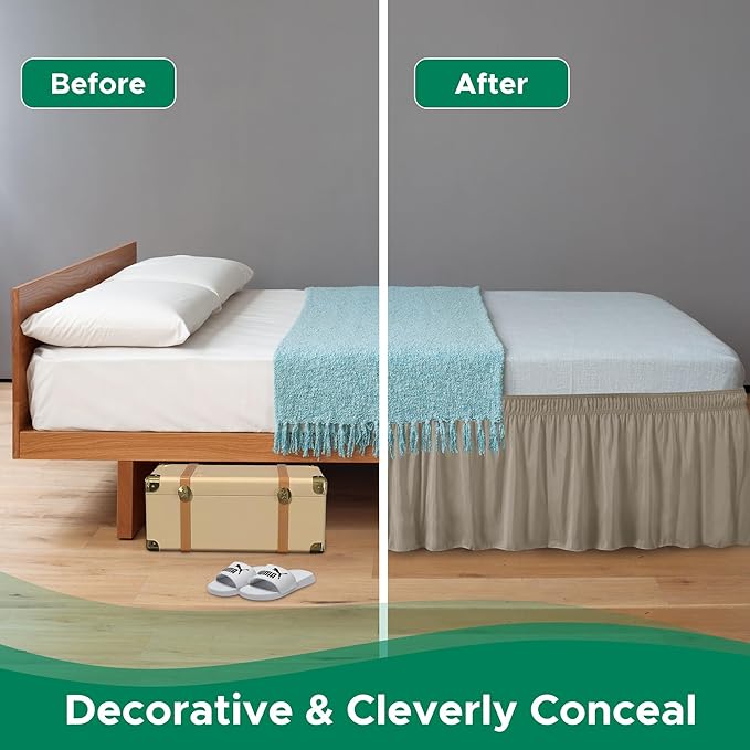 Biscaynebay Wrap Around Bed Skirts for King & Cal King Beds Short Drop of 12", Taupe Adjustable Elastic Dust Ruffles Easy Fit Wrinkle Resistant Silky Luxurious Fabric Machine Washable