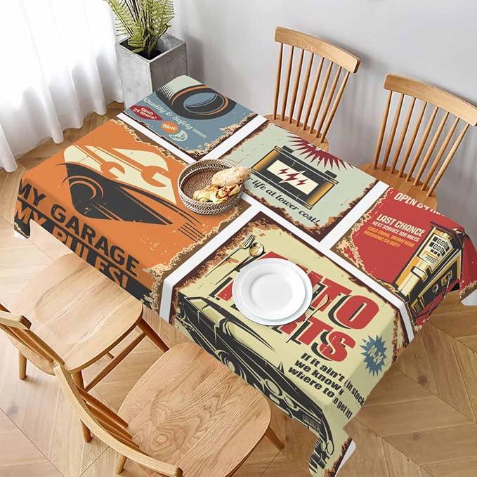 Vintage Car Tin Signs Table Linens 52x70 Old Rusty Posters Retro Auto Service - Image 3