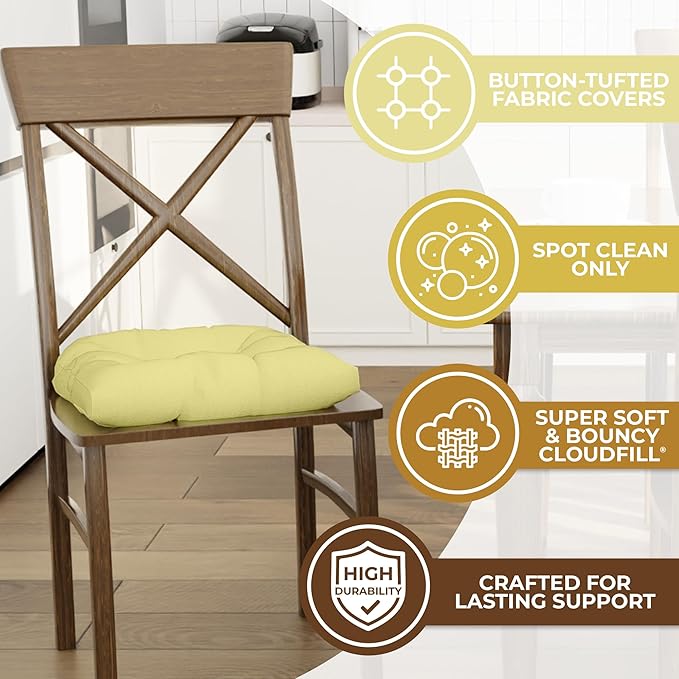 Klear Vu Gripper Overstuffed Universal Non-Slip Dining Chair Cushions for Kitchen Decor or Office Use, U-Shaped Skid-Proof Seat Pad, 17x17 Inches, 2 Count (Pack of 1), Solid Yellow