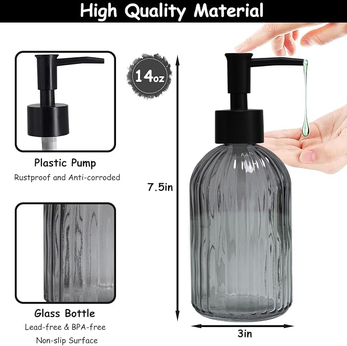 Grey Glass Soap Dispenser with Black Plastic Pump, 13.5oz Refillable Liquid - Image 2