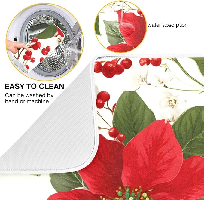 Red Poinsettias with Holly Dish Drying Mat - Image 2