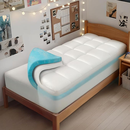 Dual Layer 4 Inch Memory Foam Twin XL Mattress Topper for College Dorm, 2 Inch Cooling Gel Memory Foam and 2 Inch Down Alternative Pillow Top Mattress Pad Cover 8-24 Inch Deep Pocket