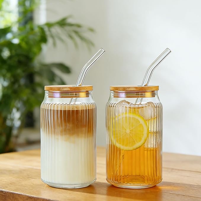 2 PCS Glass cups with Lids and Straws, 16 OZ Iced Coffee Cups, Ribbed Glass - Image 6