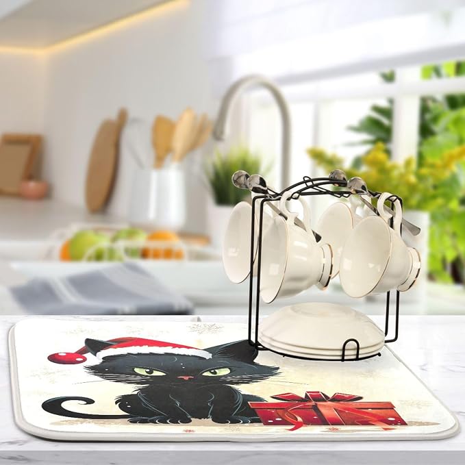 Christmas Dish Drying Mat Kitchen Counter Absorbent Black Cat Coffee Sink Mat - Image 5