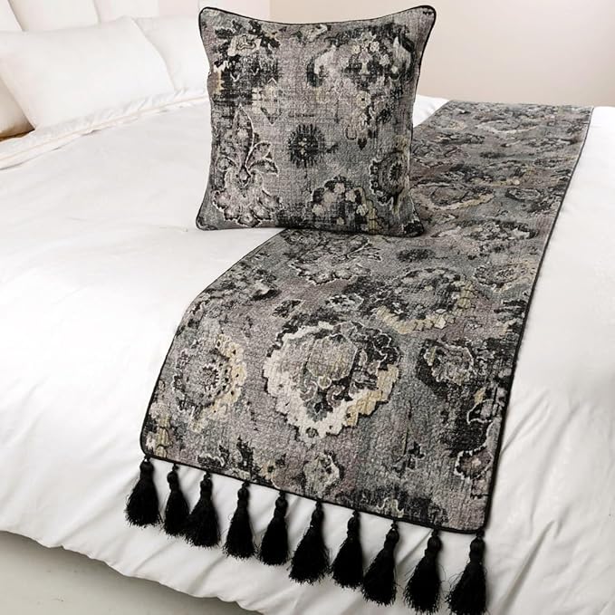 The HomeCentric Decorative Black & Grey Full 68 x 18 inch Bed Runner with 2 Pillow Cover Set, Velvet Damask with Tassels Bed Scarf, Abstract Modern - Paved Damask