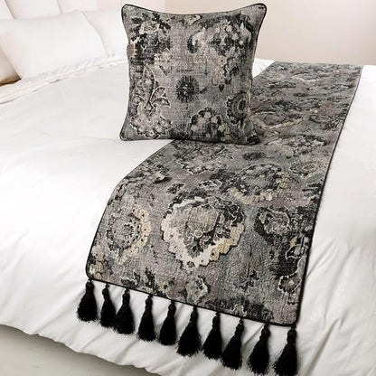 The HomeCentric Decorative Black & Grey Full 68 x 18 inch Bed Runner with 2 Pillow Cover Set, Velvet Damask with Tassels Bed Scarf, Abstract Modern - Paved Damask