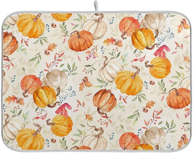 Autumn Fall Dish Drying Mat for Kitchen Counter Watercolor Pumpkin Maple Leaf by Sweetshow