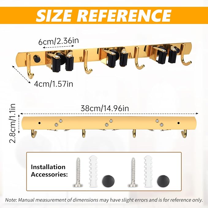 3 Racks and 4 Heavy Duty Hooks Mop and Broom Holder Wall Mount, Non-slip - Image 2