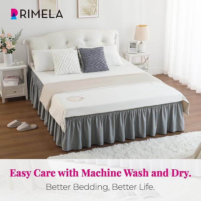 RIMELA Gray King Size Bed Skirt 25 Inch Drop, Elastic Bed Skirts Cal King Dust Ruffle, Light Grey Bedskirt for Adjustable Bed Base Solid Fade Resistant Silky Fabric Machine Washable Easy to Install