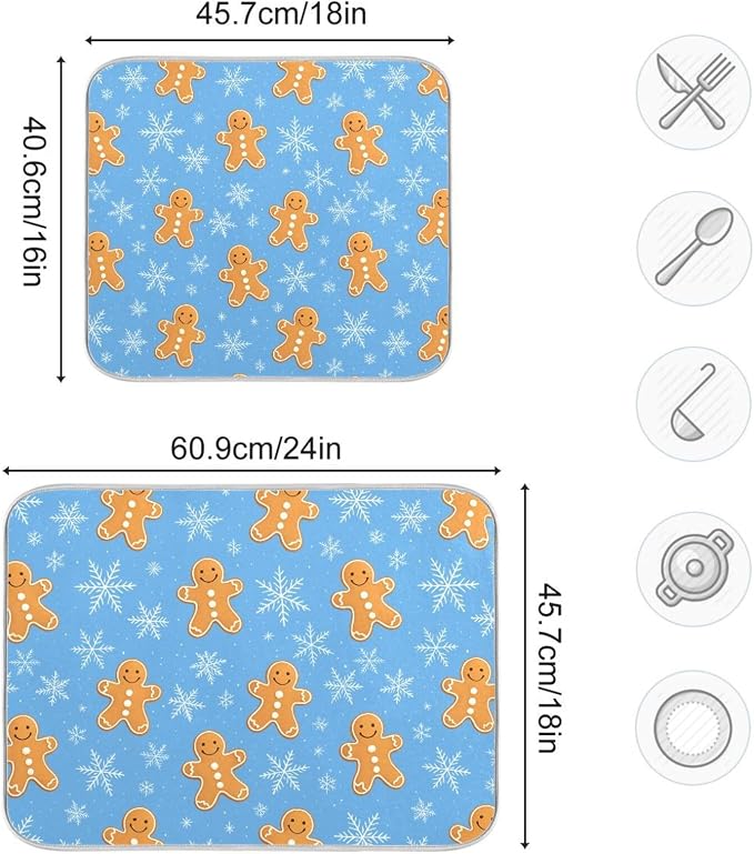 Snowflake Gingerbread Cookie Man Blue Dish Drying Mat - Image 3