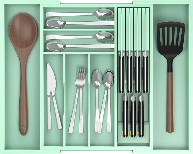 Bamboo Kitchen Drawer Organizer, Expandable Utensil Organizer by Thalomely