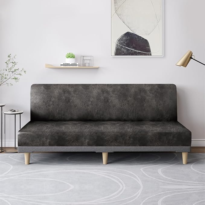 molasofa Leather Like Stretch Futon Slipcover Armless Futon Bed Sofa Cover Furniture Protector with Elastic Bottom, Soft and Washable Futon Cover for Sofa Bed Stay in Place（Larger，Khaki）