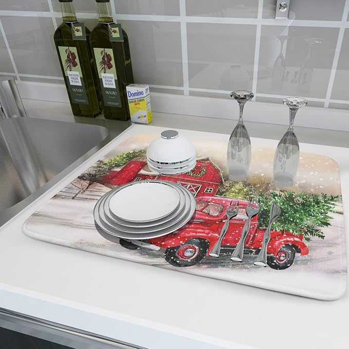 Red Truck Dish Drying Mat Xmas Tree Dish Drainer Rack Mat Winter Microfiber - Image 6