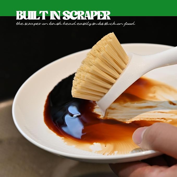 Dish Brush with Handle Wood Built-in Scraper, Scrub Brush - Image 4