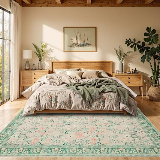 Floral Rug for Living Room Bedroom, 6x9 Washable Rug, Large Non Slip Low Pile - Image 2
