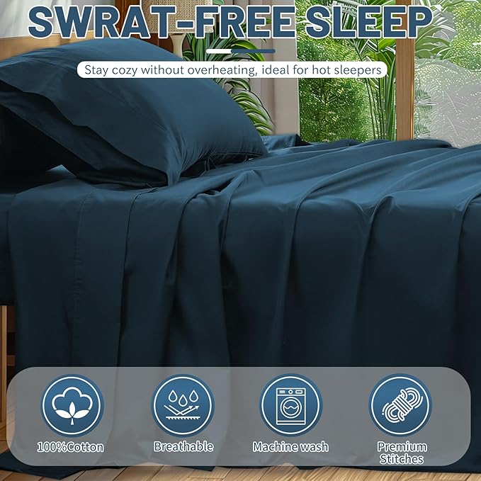 Extra Deep Pocket King Sheets 18-24 Inch 100% Egyptian Cotton 1000 Thread Count Sateen Weave Soft Breathable 4 Pieces（King，Navy）