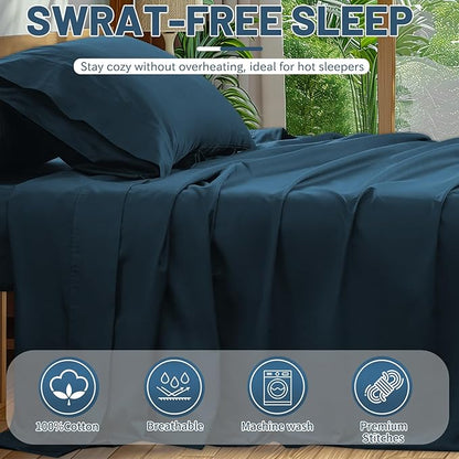 Extra Deep Pocket King Sheets 18-24 Inch 100% Egyptian Cotton 1000 Thread Count Sateen Weave Soft Breathable 4 Pieces（King，Navy）