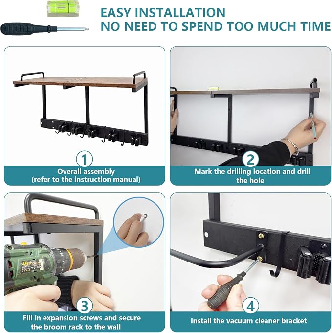 Broom Holder Wall Mount With Cleaning Supplies Organizer Shelf Broom And Mop - Image 7