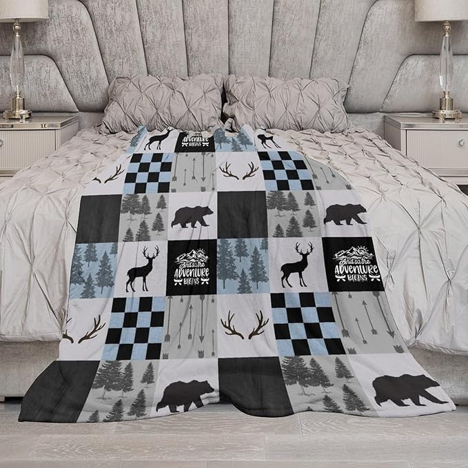 Bear Cabin Plaid Blanket, Rustic Retro Bear Deer Patchwork Gray Blue Farmhouse Throw Blanket for Couch Bed Living Room, 50"x60"