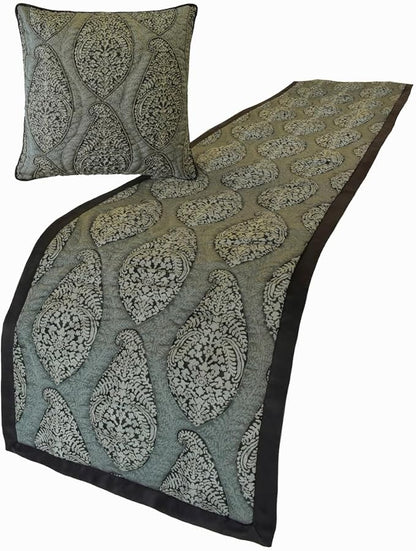 The HomeCentric King/Queen/Twin Grey Decorative Queen 74"x18" Bed Runner with 2 Pillow Cover, Paisley & Beaded Bed Scarf on Jacquard Fabric - Paisley History