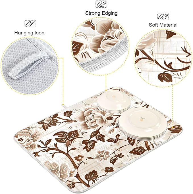 Brown Beige Floral Leaves Dish Drying Mat - Image 4