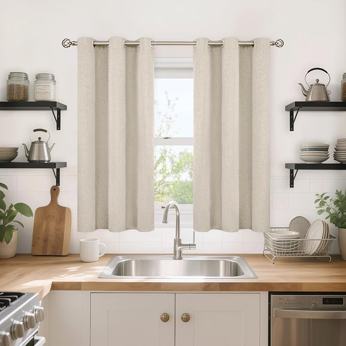 YoungsTex 45 Inch Length Oatmeal Linen Blackout Curtains, Short Thermal - Image 2