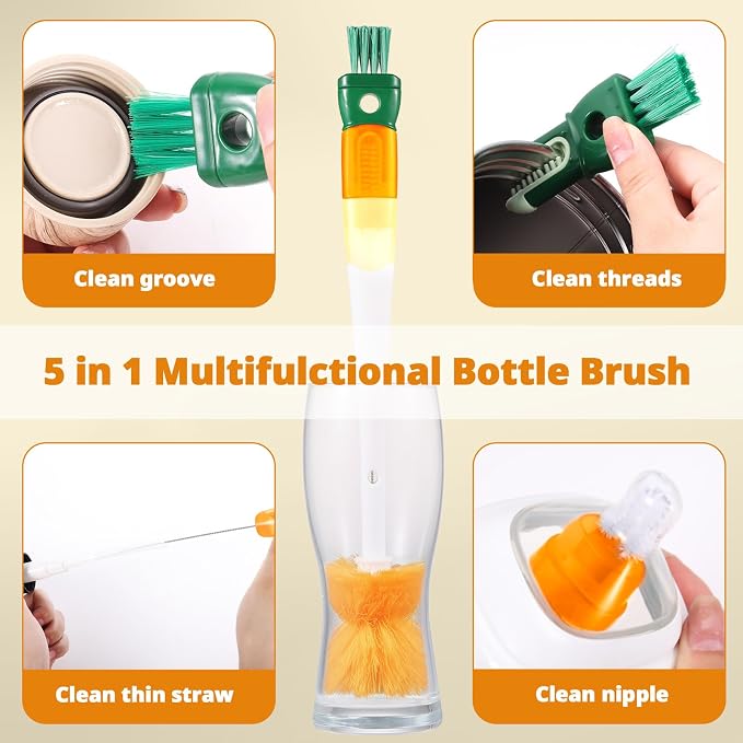 OUTXE 5 Pack Bottle Brush Set, 5-in-1 Water Bottle Cleaner Brush, 3 Straw Brush - Image 2