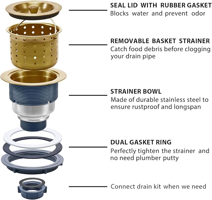 KONE 3-1/2 Inch Brass Sink Drain, Durable Stainless Steel Brass Kitchen Sink - Image 6