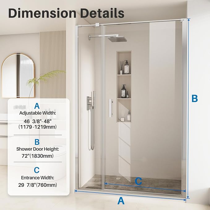 Bathbliss Framed Pivot Shower Door, Glass Shower Door in Chrome, 46.5" to 48" W - Image 2