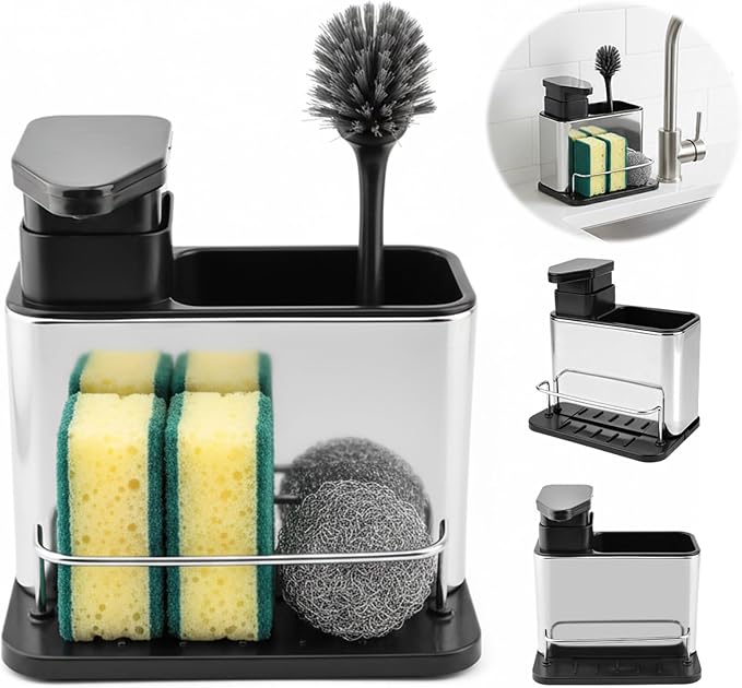 Soap Dispenser for Kitchen Sink, Stainless Steel 3-in-1 Sponge Holder for - Image 7
