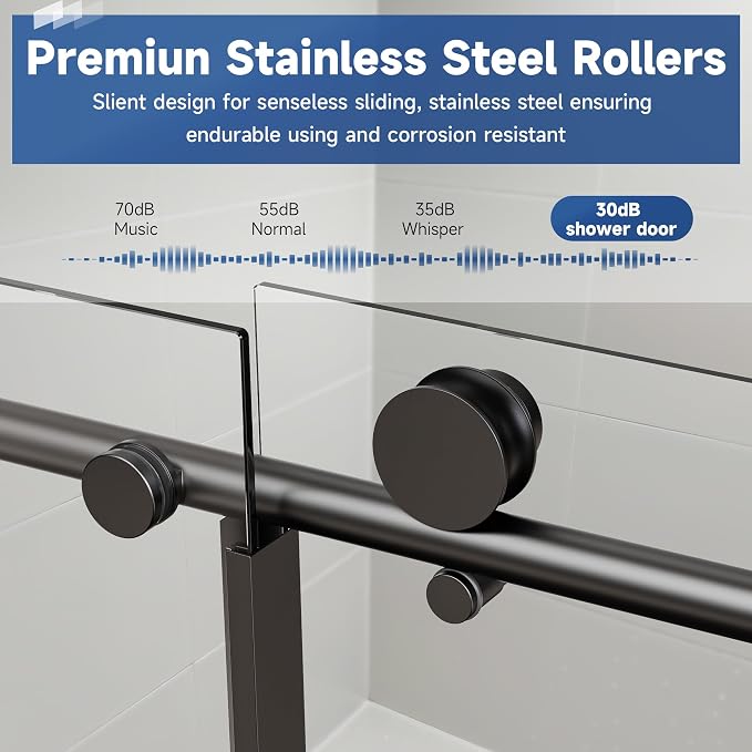 Frameless Sliding Shower Door 56-60" W x 76" H, 1/4" Tempered Glass Matte Black - Image 5