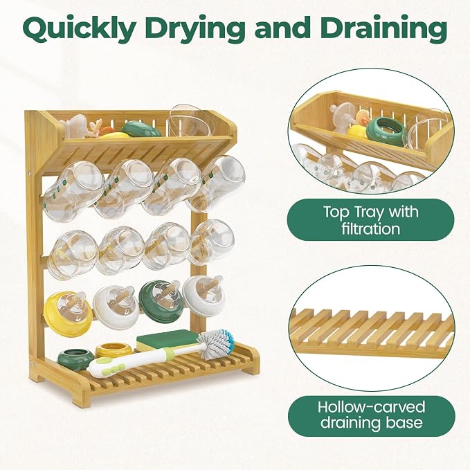 EsLuker.ly Baby Bottle Drying Rack Bamboo Vertical Dryer Holder, Space Saving - Image 3