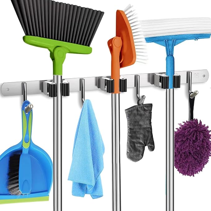 Mop and Broom Holder Wall Mount – Heavy-Duty Closet Organizer by HomelyCenter