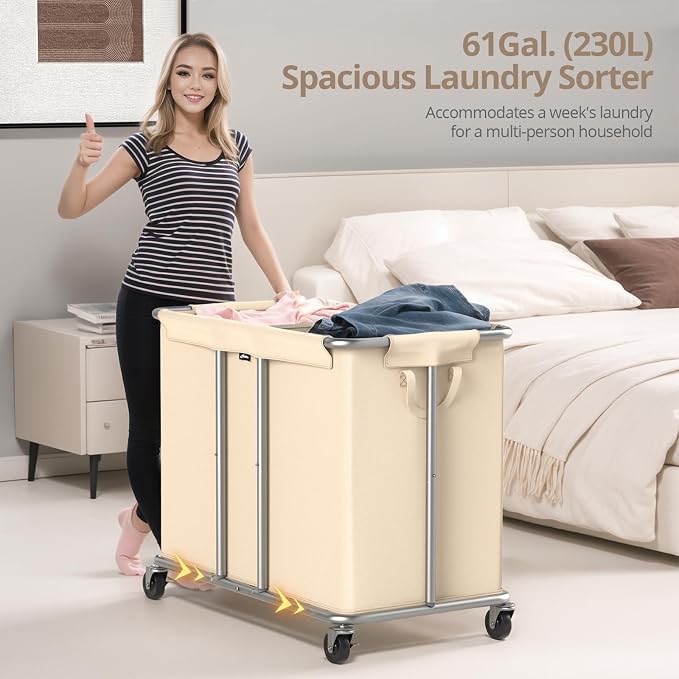 230L Rolling Laundry Hamper, 2-Section Laundry Basket - Image 3