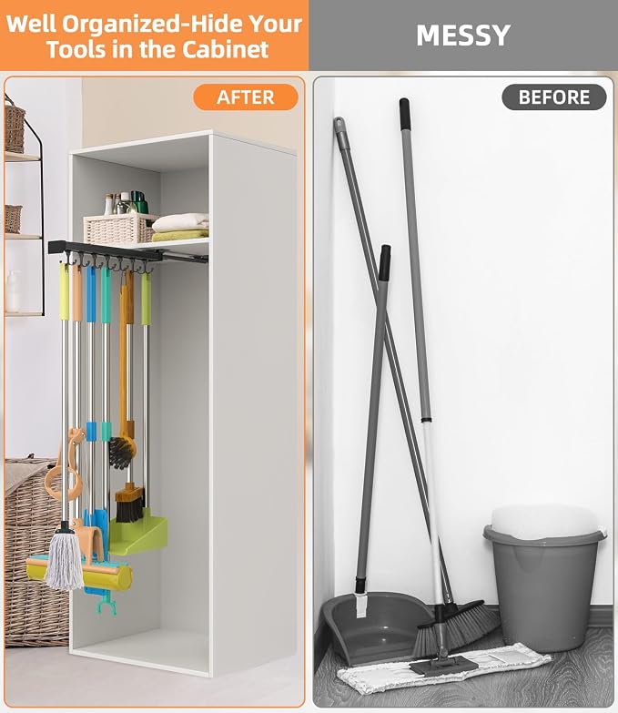 Pull Out Broom Holder With Adjustable Double Row Sliding Hook, - Image 2