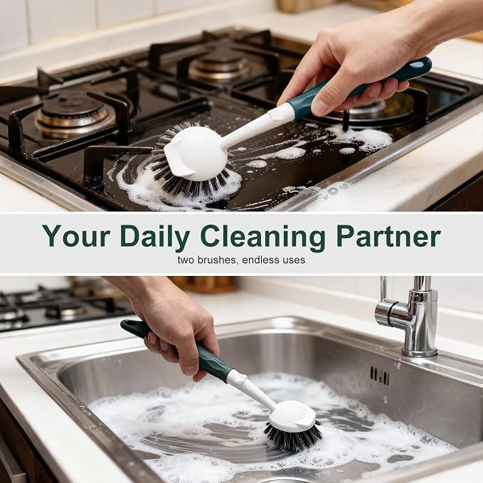 Dish Brush, 2 Pack with Comfortable Handle, with Built-in Scraper, Scrub Brush - Image 8