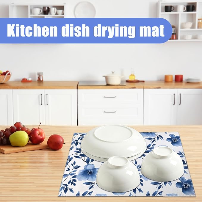 Blue Floral Dish Drying Mat for Kitchen Counter Flower Leaves Drying Pad - Image 6