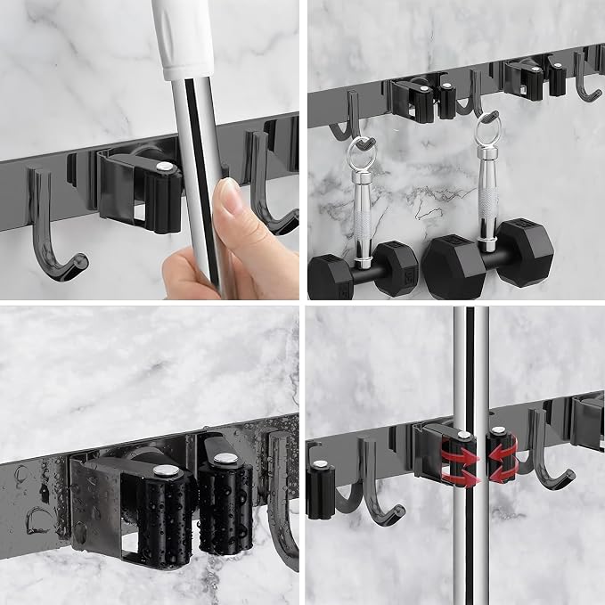 5 Racks and 4 Hooks Mop and Broom Holder Wall Mount, SUS304 Heavy Duty Broom - Image 2