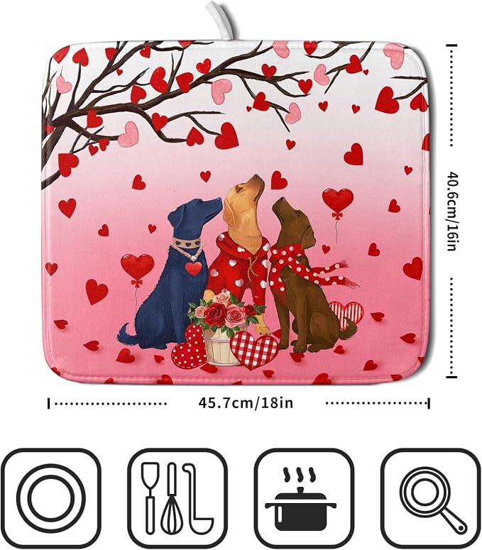 Love Dog Dish Drying Mat 16"x18" Red Heart Microfiber Dish Drainer Mat Hanging - Image 2
